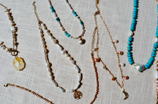 Pearl necklace, turquoise and baroque fireball pearl necklace, Citrine pendant pearl necklace, turquoise and pearl shell necklace, crescent moon pendant and pearl necklace