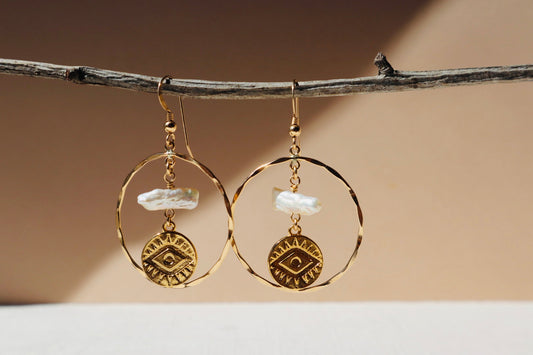 Evil eye pendant hammered hoop earring with keshi pearl