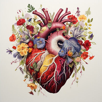 A drawing of a heart with flowers growing put of it
