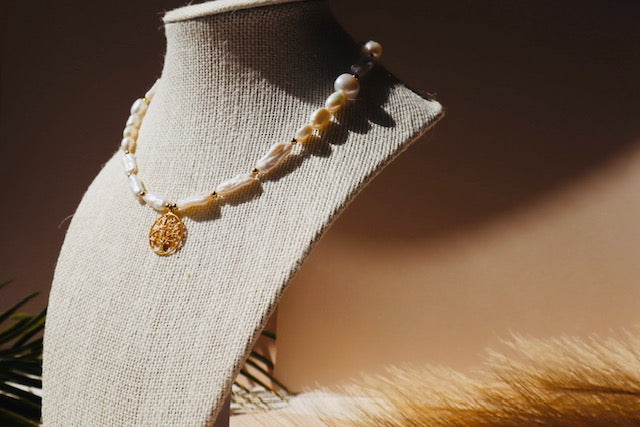 Gold Tree of Life pendant with freshwater pearl on gold chain — Athena necklace by Hera Jewels.
