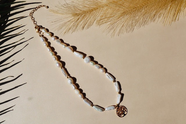 Gold Tree of Life pendant with freshwater pearl on gold chain — Athena necklace by Hera Jewels.