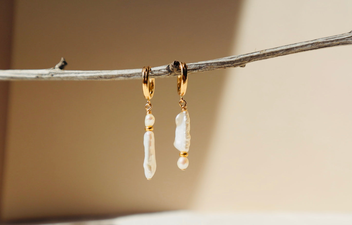 Freshwater pearl and gold sacred drop earrings — Brigid earrings by Hera Jewels.