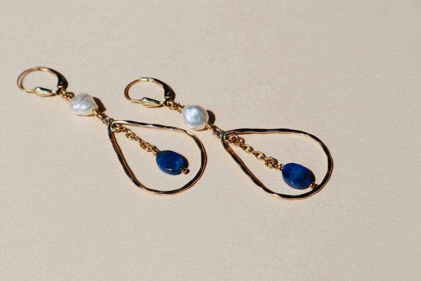 14k gold-filled Hammered Teardrop Lapis Lazuli and Pearl Earrings
