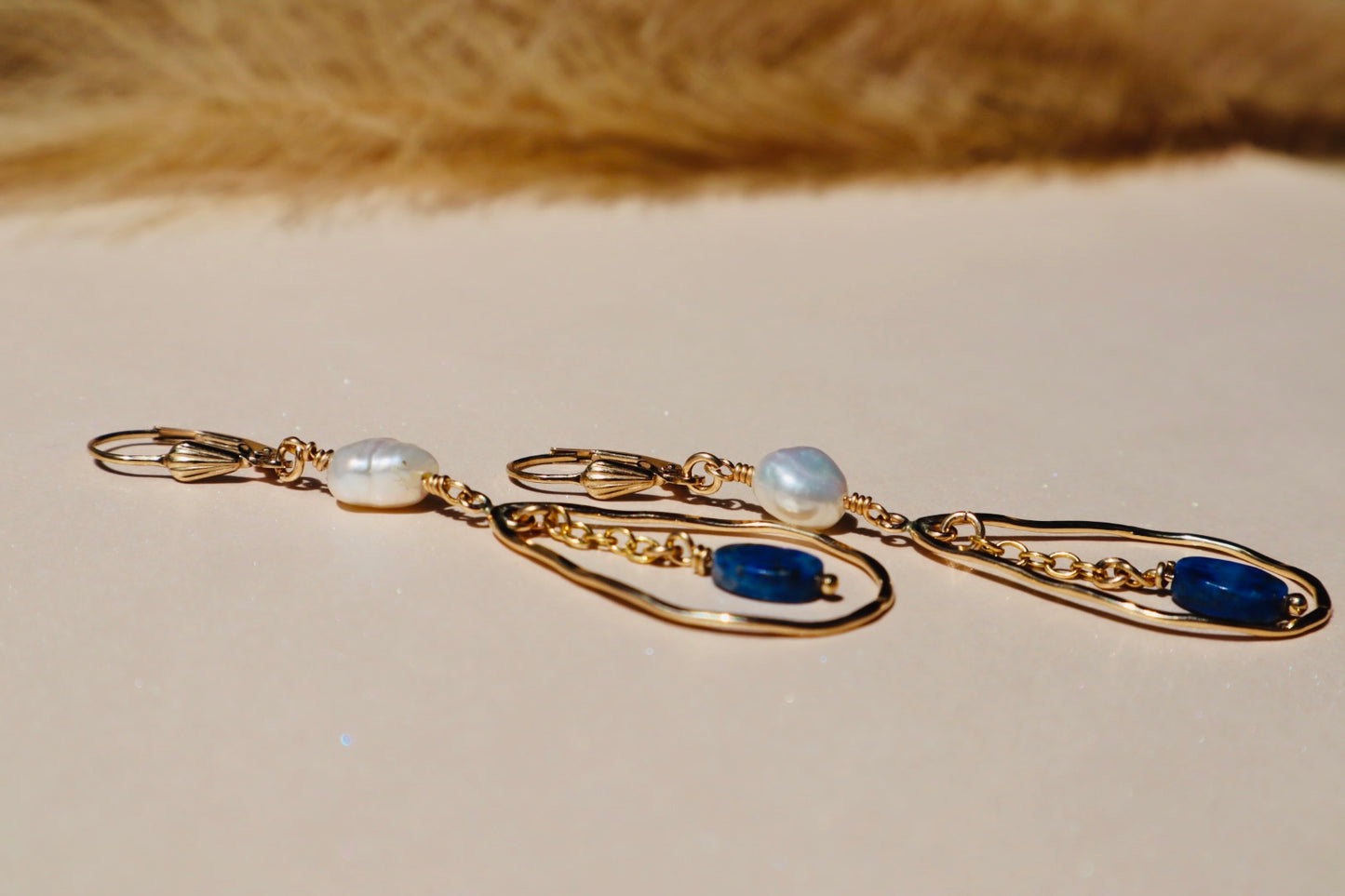 14k gold-filled Hammered Teardrop Lapis Lazuli and Pearl Earrings