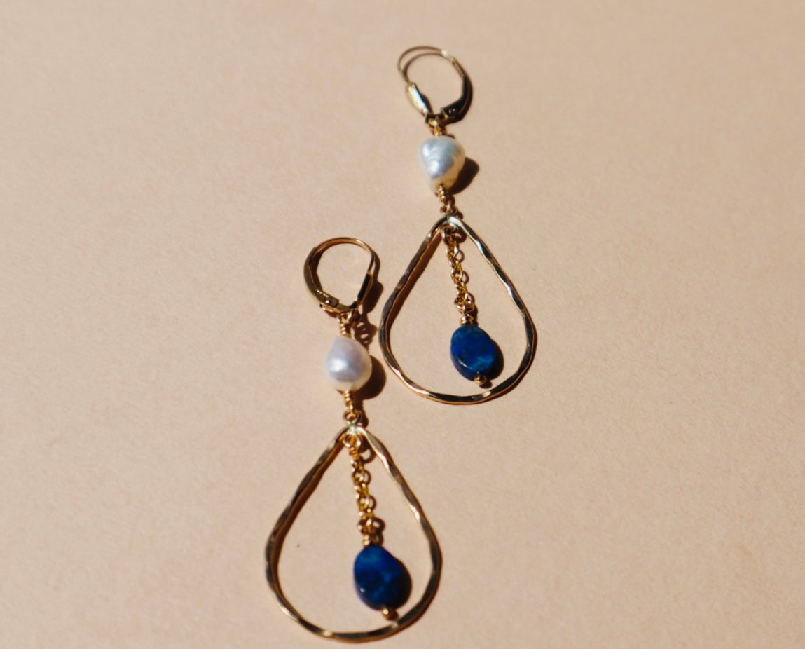 14k gold-filled Hammered Teardrop Lapis Lazuli and Pearl Earrings