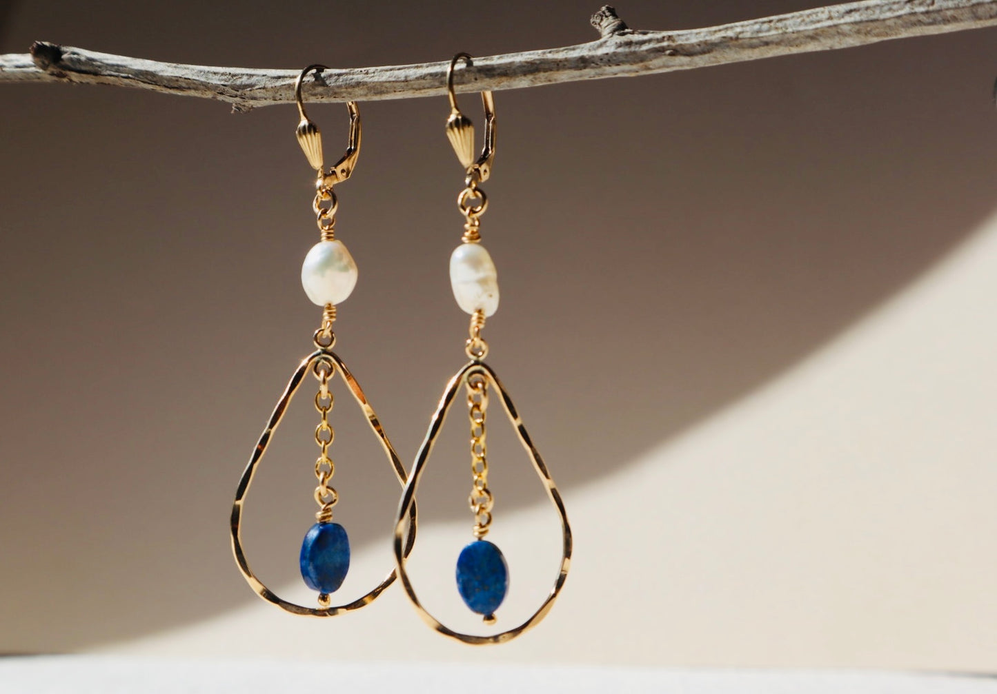 14k gold-filled Hammered Teardrop Lapis Lazuli and Pearl Earrings