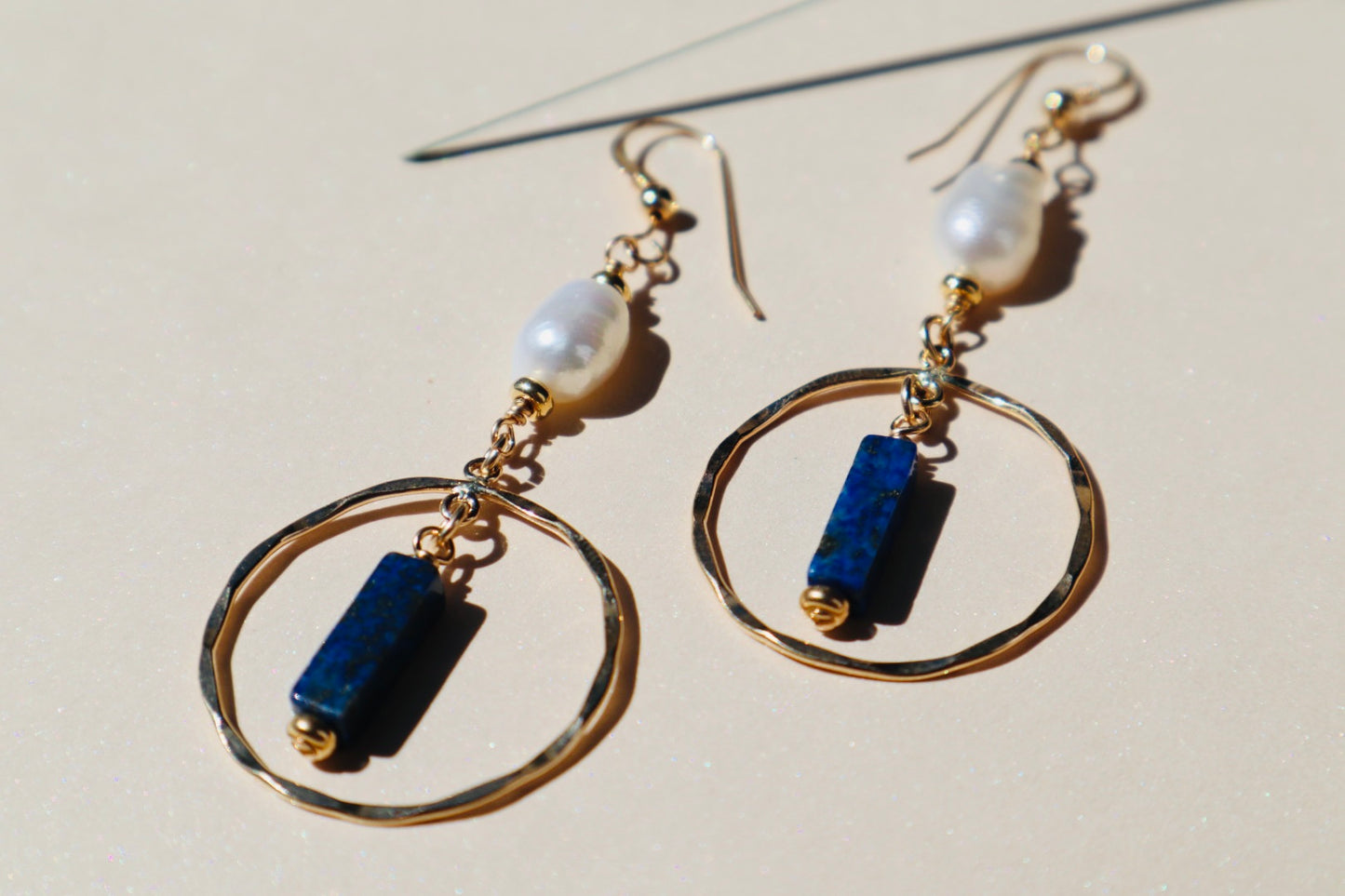 14k gold-filled Hammered Hoop Pearl and Lapis Lazuli Chandelier Earrings