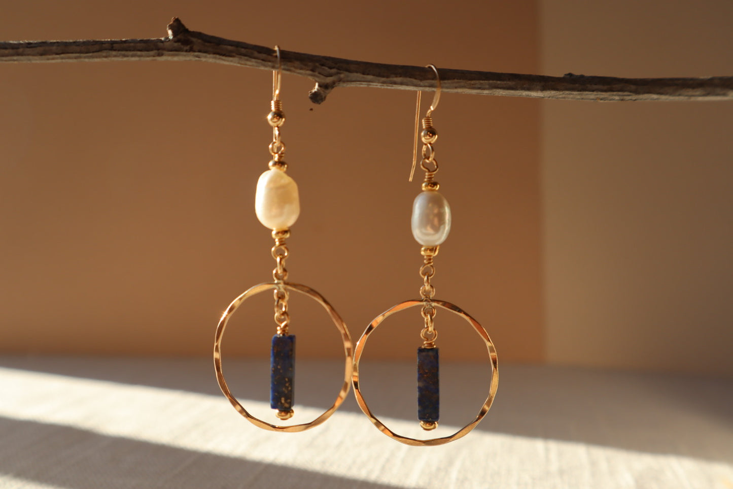 14k gold-filled Hammered Hoop Pearl and Lapis Lazuli Chandelier Earrings