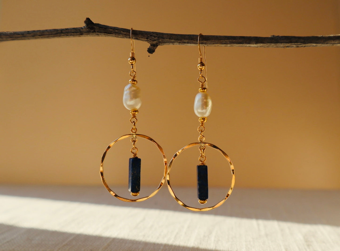 14k gold-filled Hammered Hoop Pearl and Lapis Lazuli Chandelier Earrings