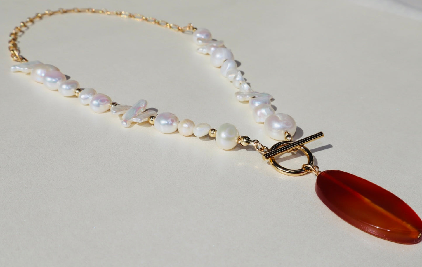 14k gold-filled partial chain with toggle clasp- Carnelian Pendant- Pearl Necklace