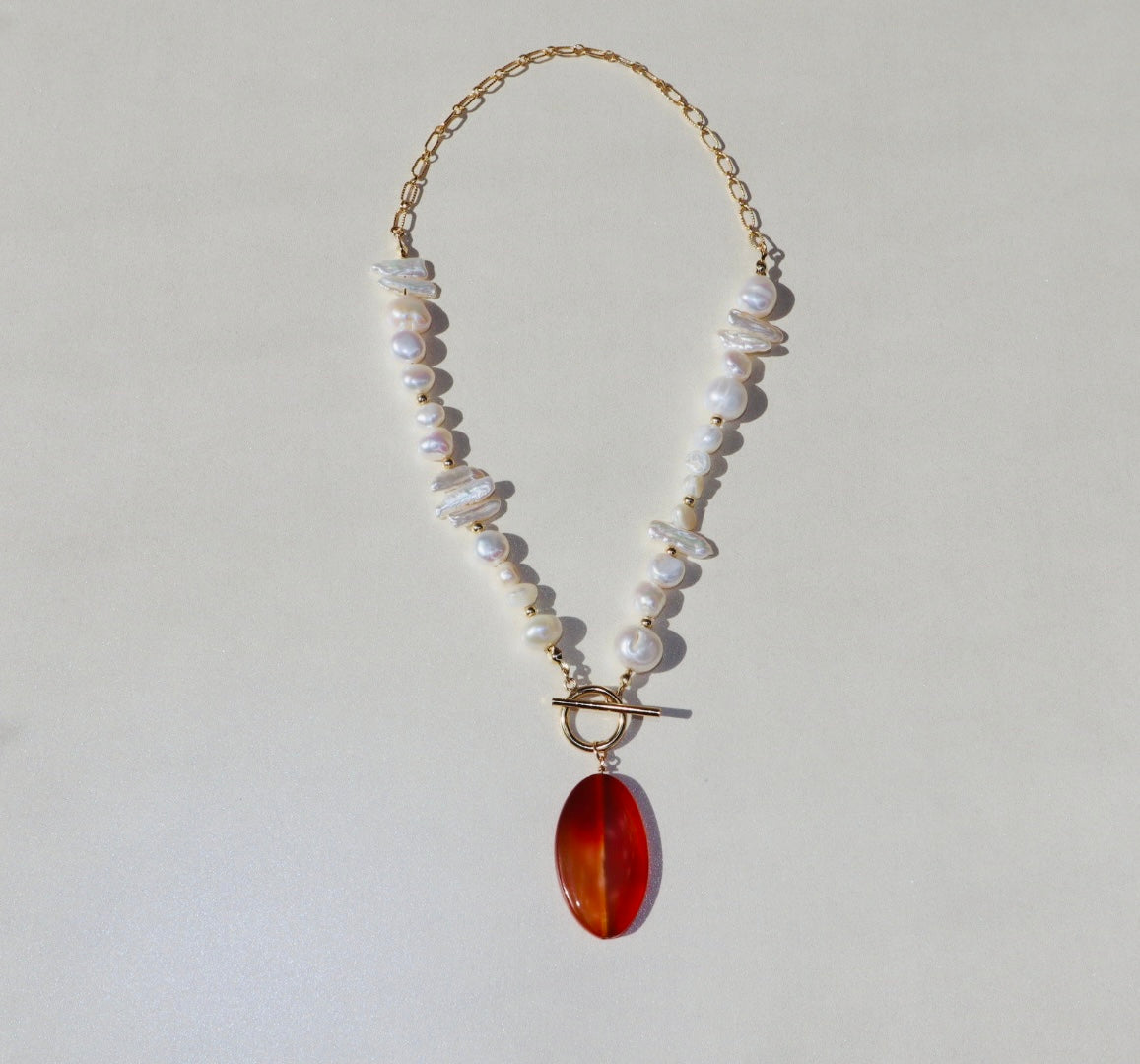14k gold-filled partial chain with toggle clasp- Carnelian Pendant- Pearl Necklace