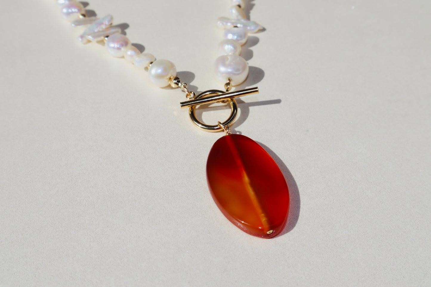 14k gold-filled toggle clasp Carnelian Pendant- Pearl Necklace