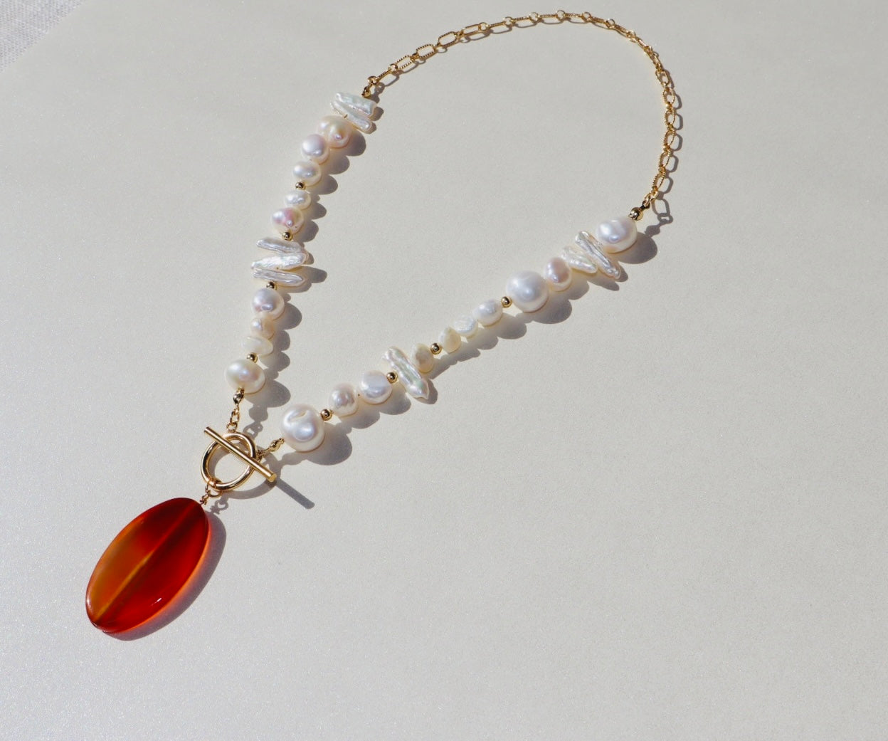 14k gold-filled partial chain with toggle clasp- Carnelian Pendant- Pearl Necklace