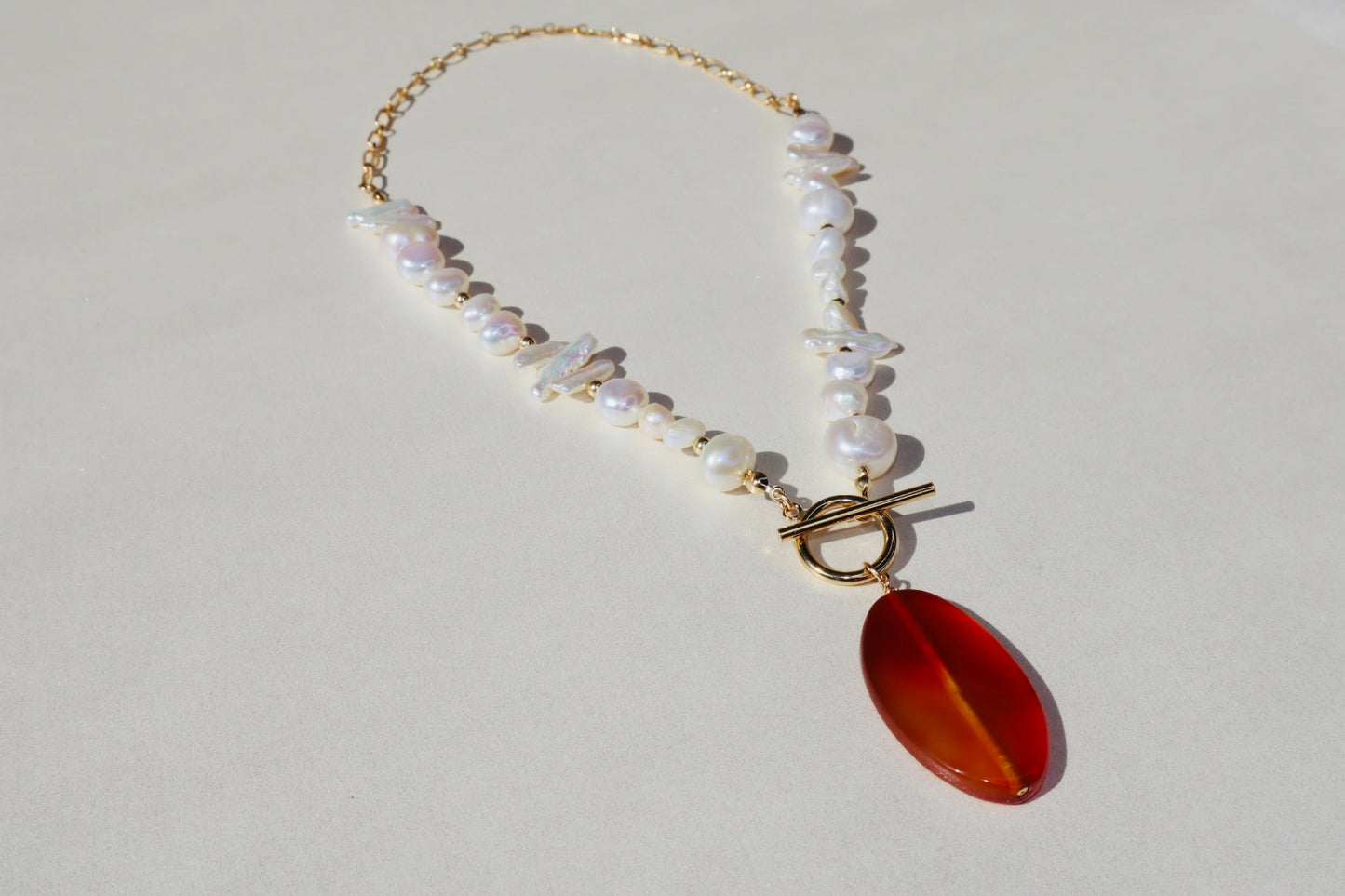 14k gold-filled partial chain with toggle clasp- Carnelian Pendant- Pearl Necklace