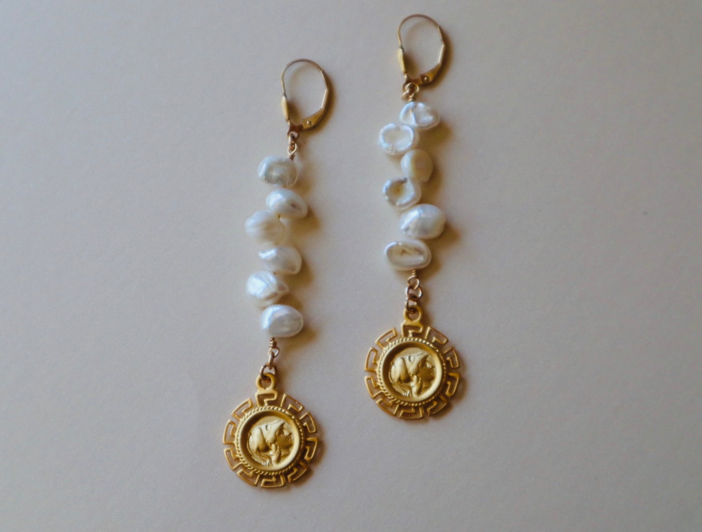 14k Gold-filled and vermeil Biwa Pearl Coin Pendant drop earrings