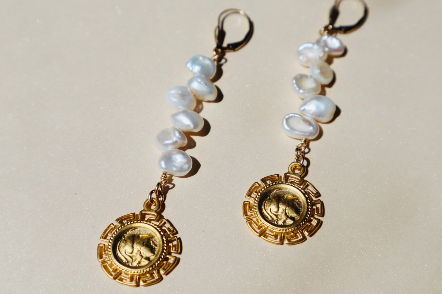 14k Gold-filled and vermeil Biwa Pearl Coin Pendant drop earrings