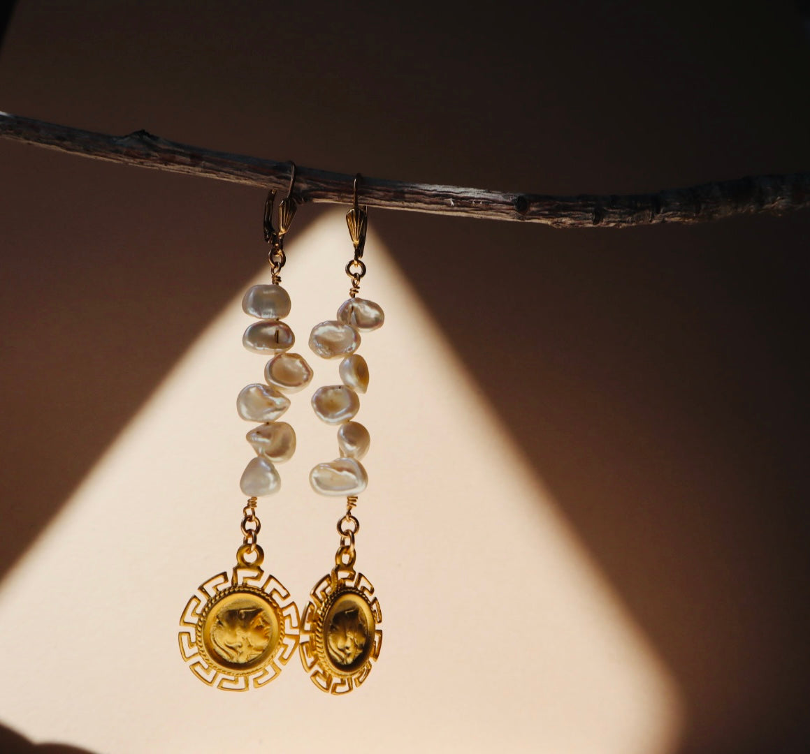 14k Gold-filled and vermeil Biwa Pearl Coin Pendant drop earrings