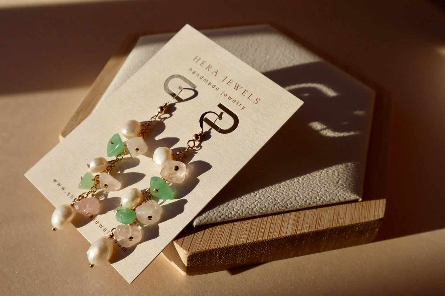 14k gold-filled Rose Quartz, Green Aventurine & Pearl Drop Earrings