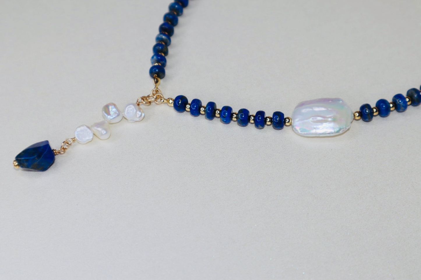 14k gold-filled Lapis Lazuli and Baroque Pearl drop Necklace