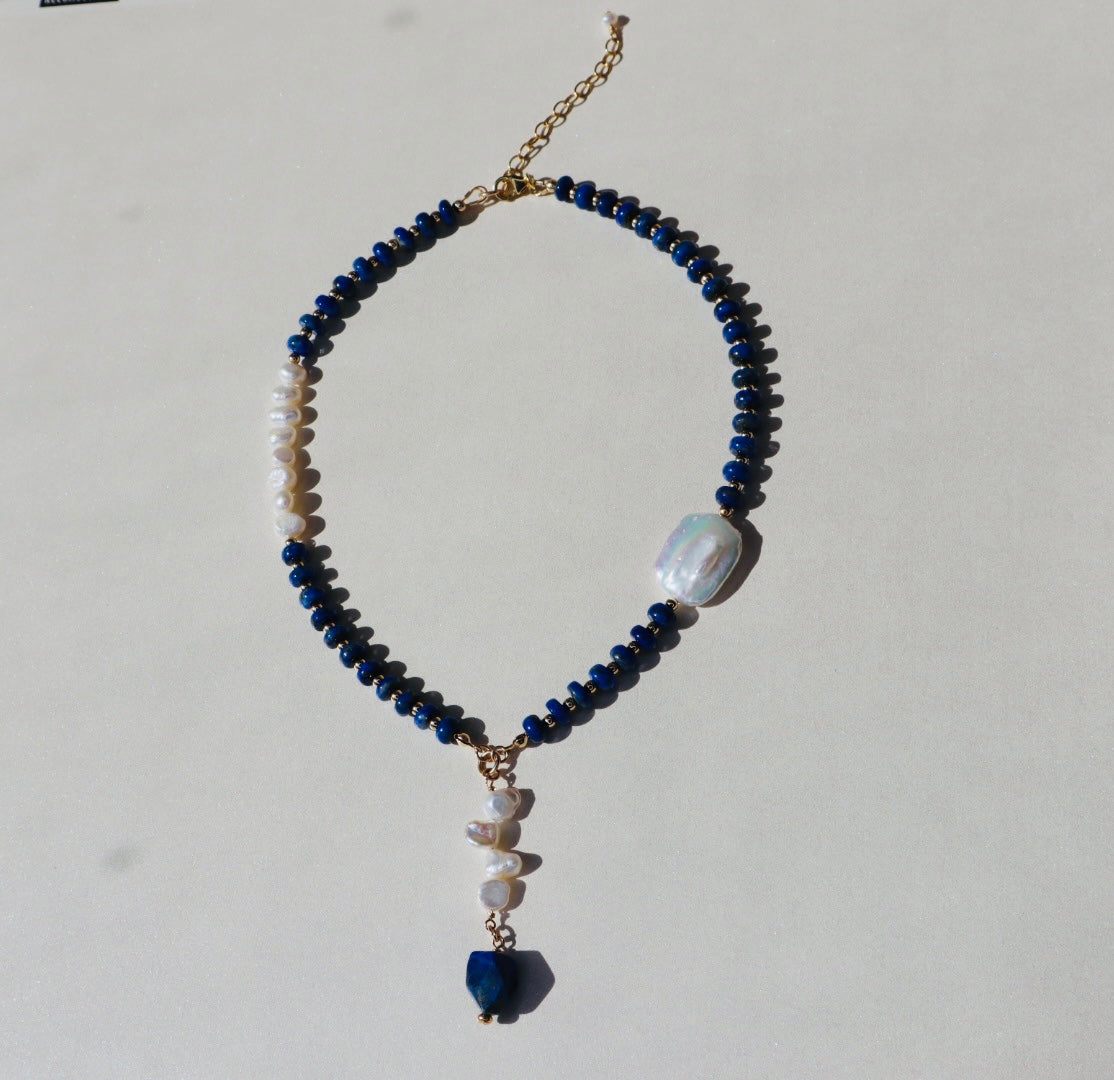 14k gold-filled Lapis Lazuli and Baroque Pearl drop Necklace
