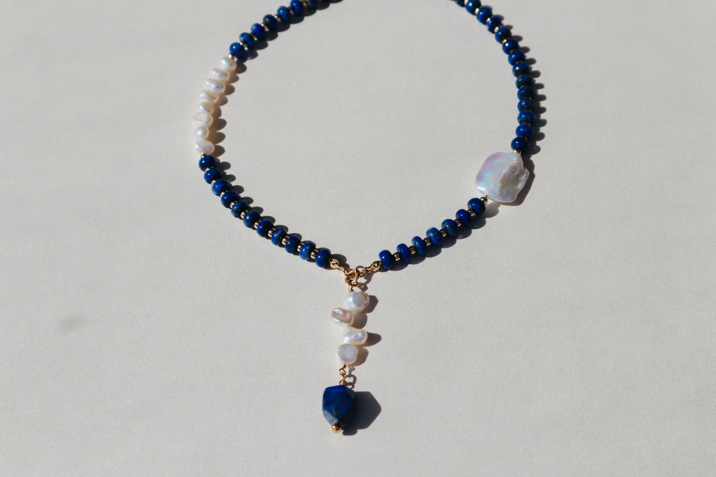 14k gold-filled Lapis Lazuli and Baroque Pearl drop Necklace