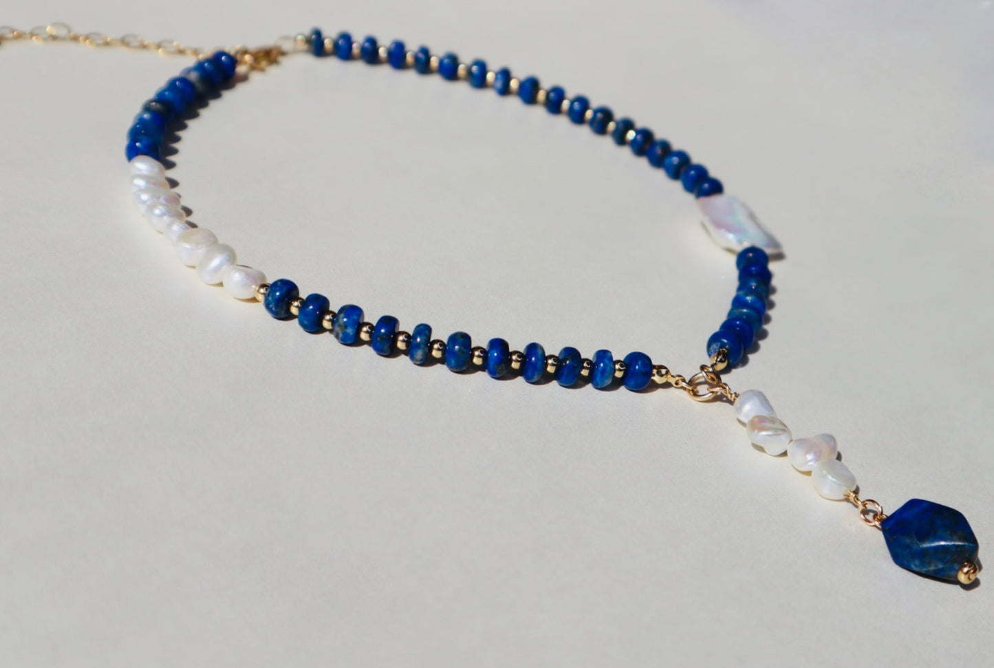 14k gold-filled Lapis Lazuli and Baroque Pearl drop Necklace