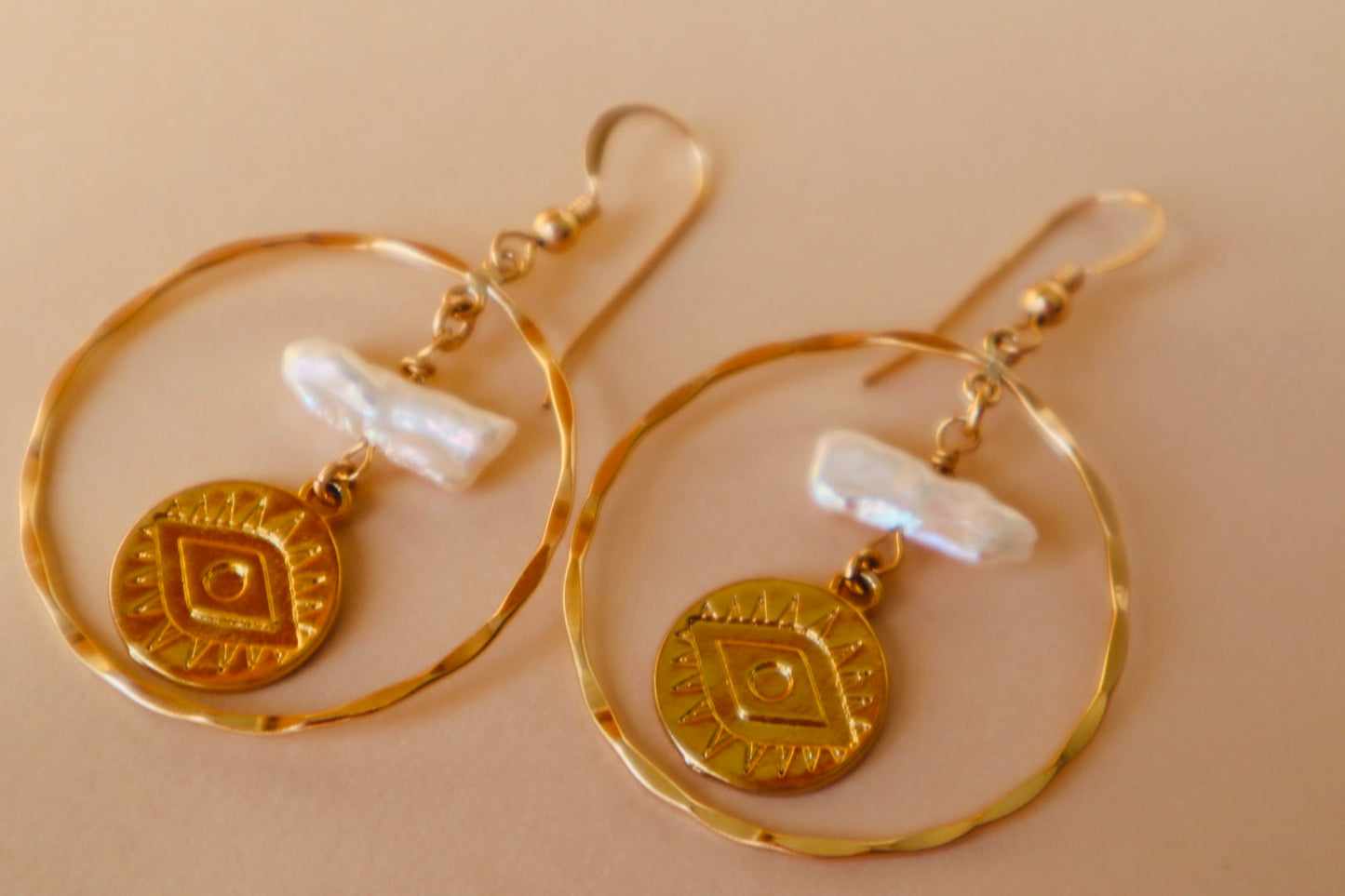 Gold-filled protective talisman hoop earrings — Raksha earrings by Hera Jewels.