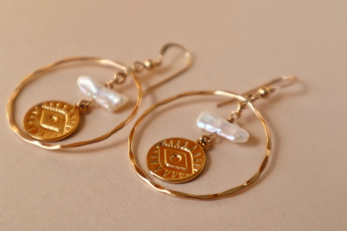Gold-filled protective talisman hoop earrings — Raksha earrings by Hera Jewels.
