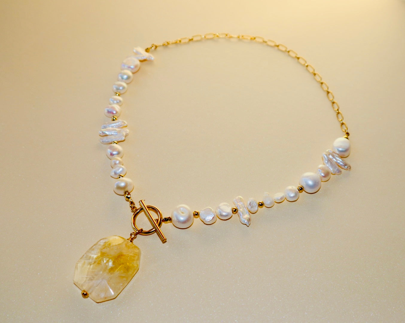 14k gold-filled Citrine Pendant- Baroque Pearl Necklace