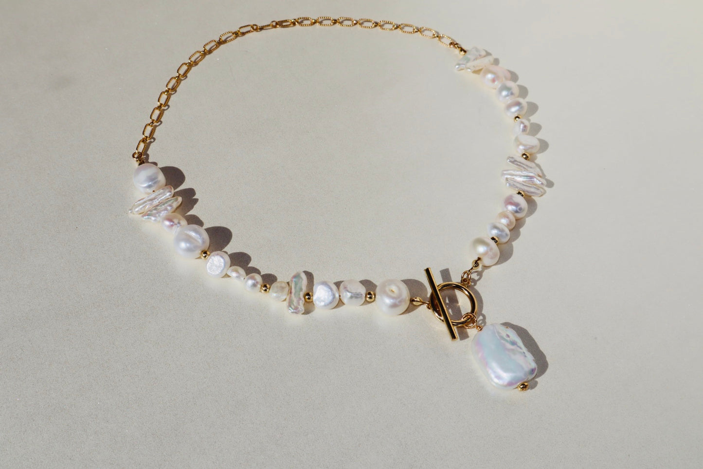 14k Gold-Filled Partial Cable Chain Baroque Pearl -Toggle Clasp Necklace