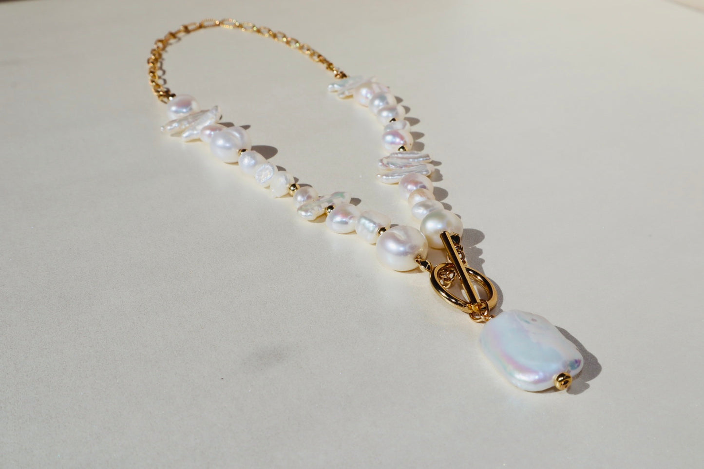 14k Gold-Filled Partial Cable Chain Baroque Pearl -Toggle Clasp Necklace