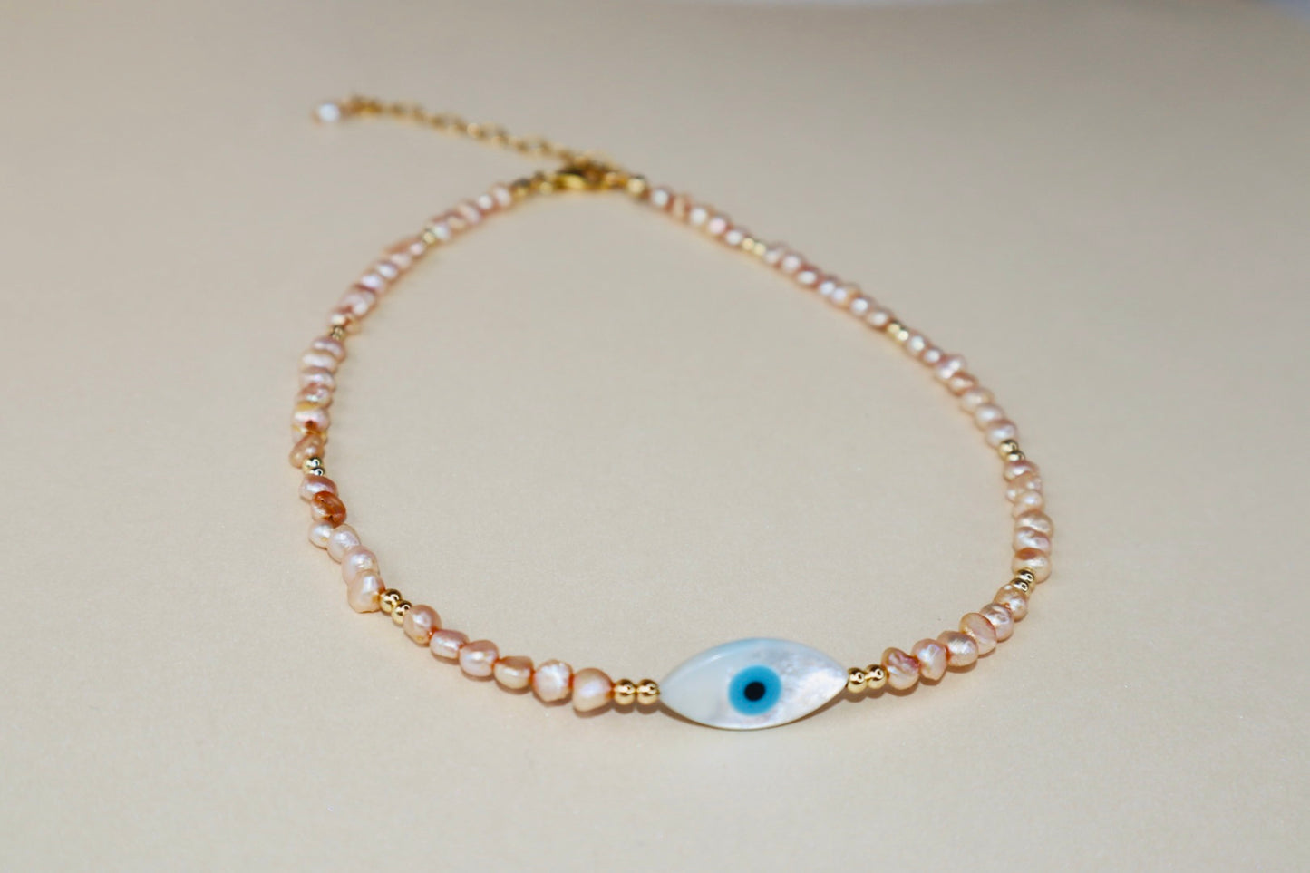 14k gold-filled Evil Eye Pink Pearl Choker