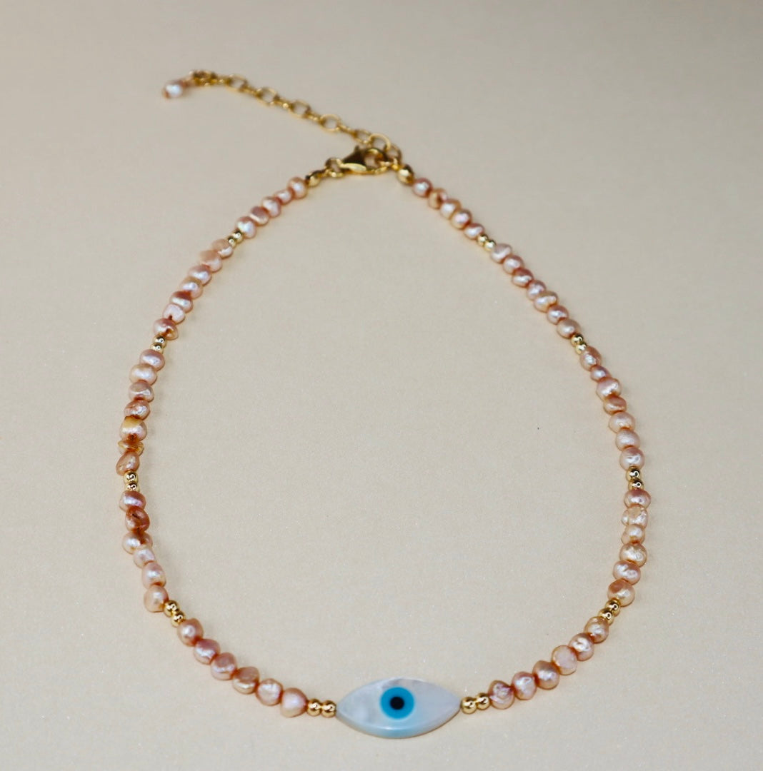 14k gold-filled Evil Eye Pink Pearl Choker