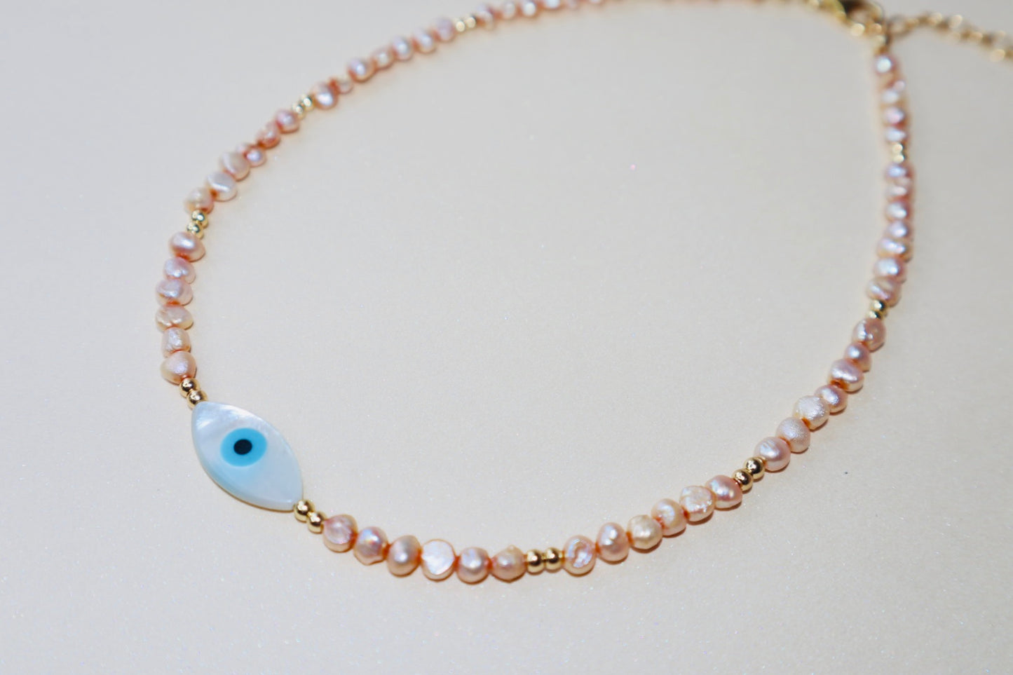 14k gold-filled Evil Eye Pink Pearl Choker