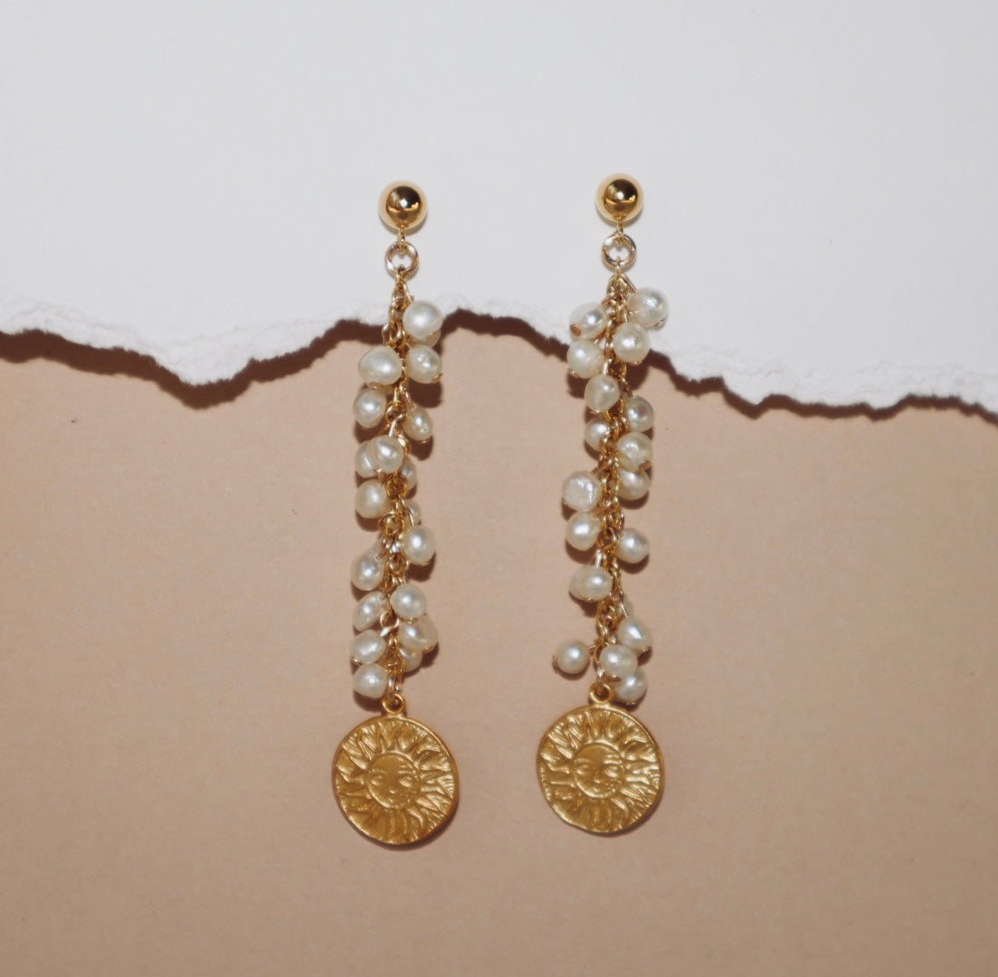14k gold-filled Pearl drop earrings-18k vermeil gold Sun Pendant