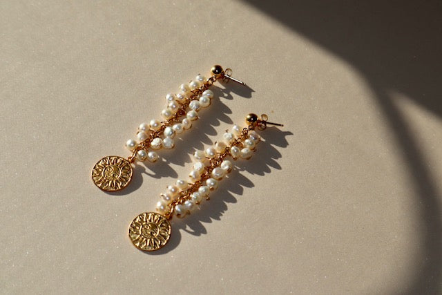 14k gold-filled Pearl drop earrings-18k vermeil gold Sun Pendant