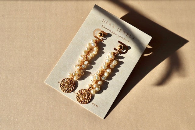 14k gold-filled Pearl drop earrings-18k vermeil gold Sun Pendant