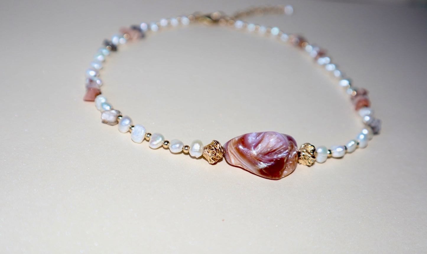 14k gold-filled polished shell pendant and Moonstone Choker