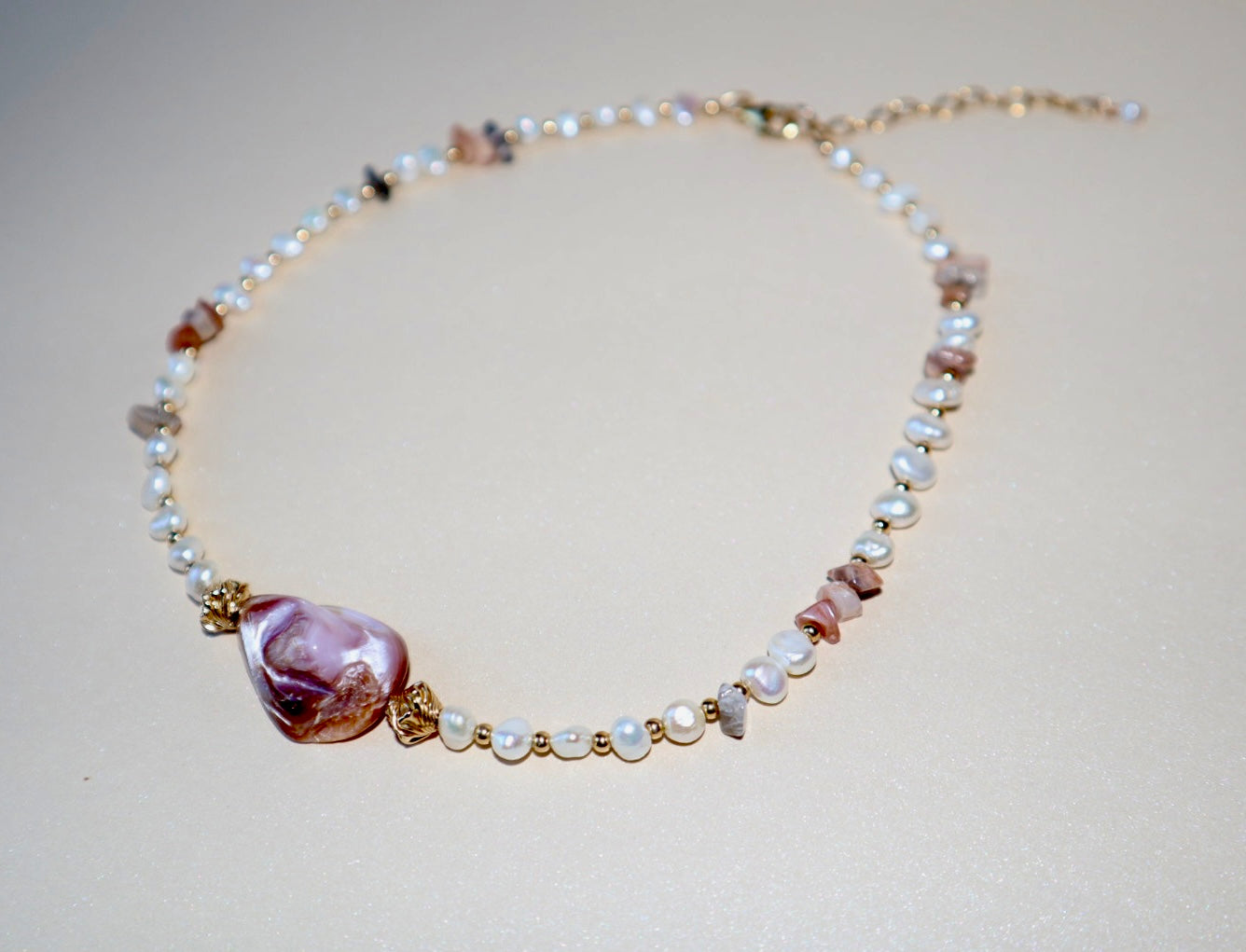 14k gold-filled polished shell pendant and Moonstone Choker