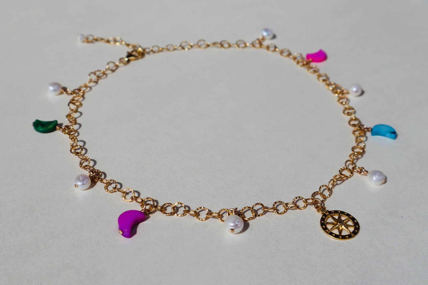 14k gold-filled compass pendant fancy gold chain necklace with colorful mother of pearl crescent moon and baroque pearls choker