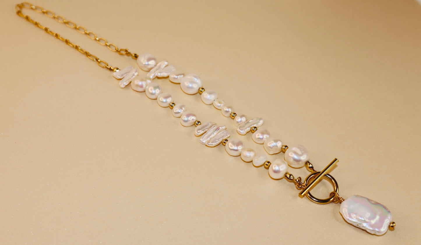 14k Gold-Filled Partial Cable Chain Baroque Pearl -Toggle Clasp Necklace
