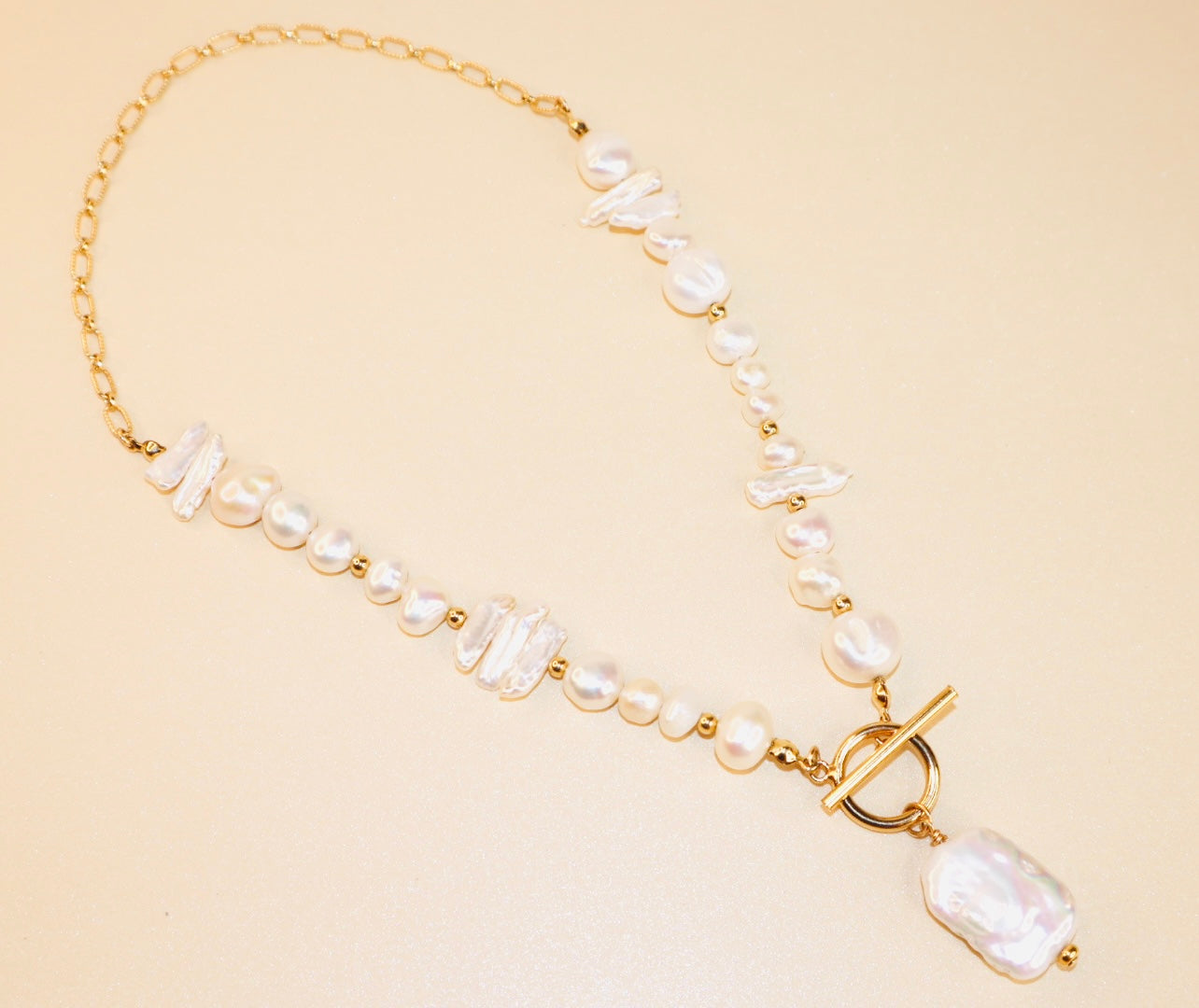 14k Gold-Filled Partial Cable Chain Baroque Pearl -Toggle Clasp Necklace