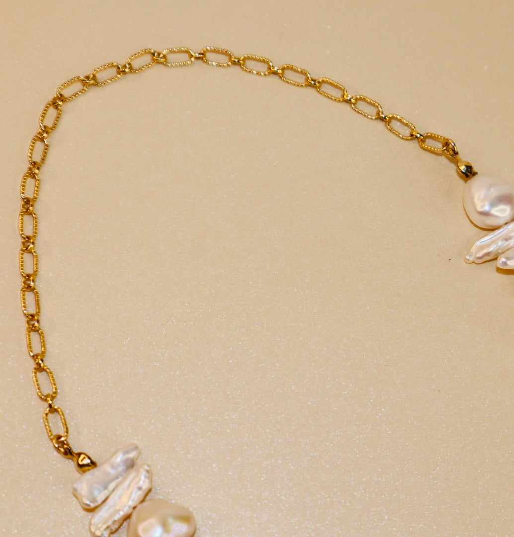 14k Gold-Filled Partial Cable Chain Baroque Pearl -Toggle Clasp Necklace