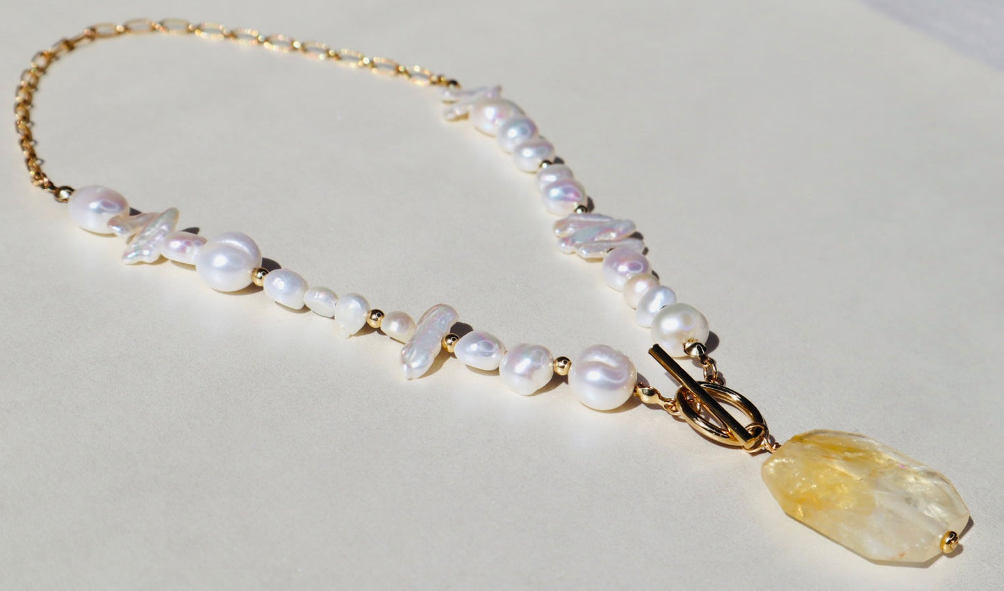 14k gold-filled Citrine Pendant- Baroque Pearl Necklace