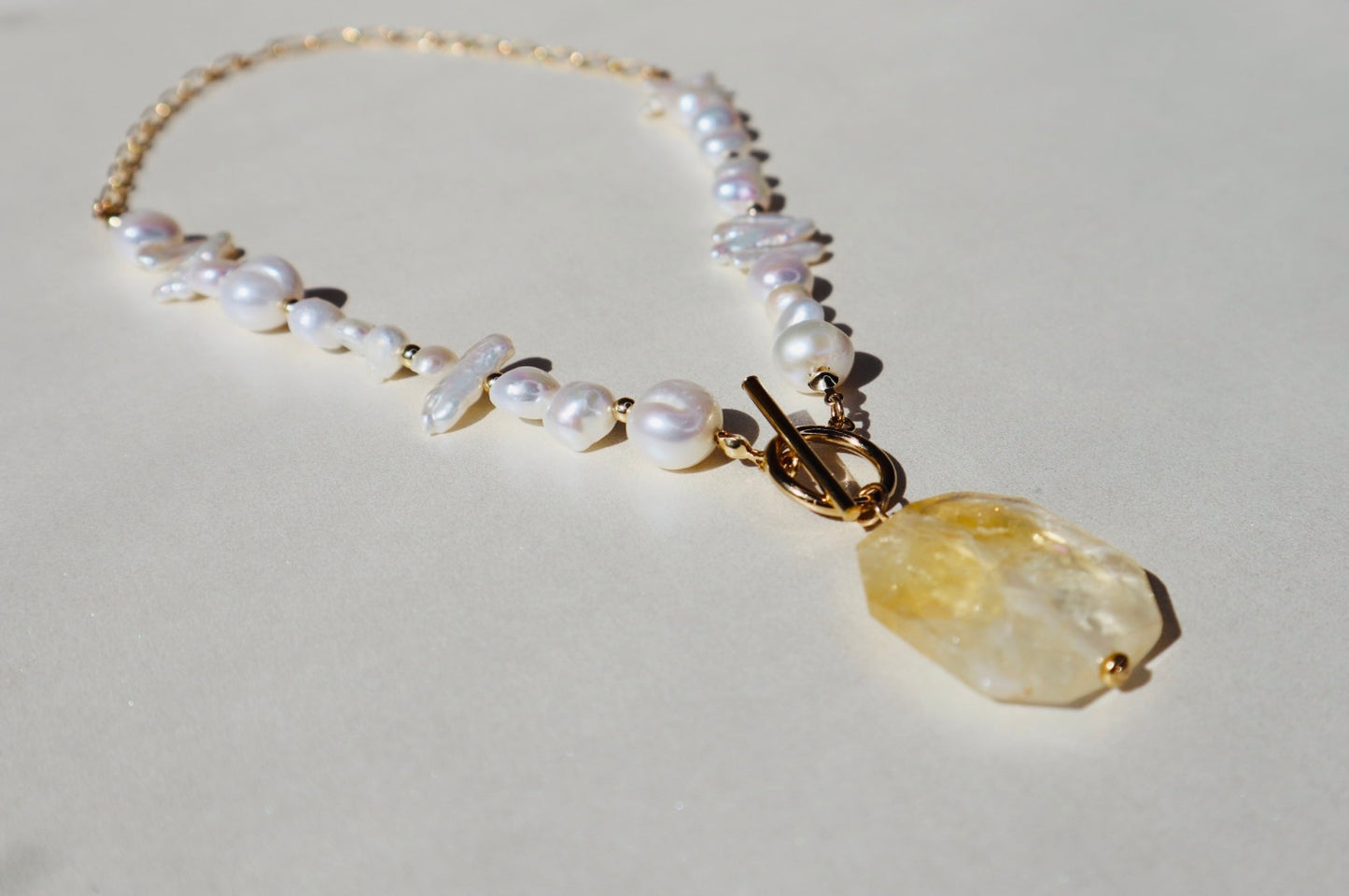 14k gold-filled Citrine Pendant- Baroque Pearl Necklace