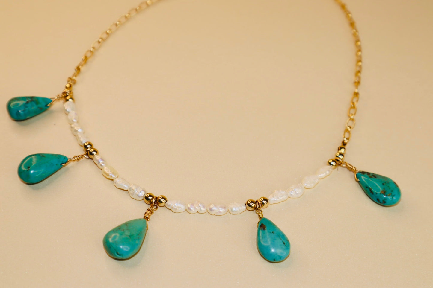 14k Gold-filled Turquoise Tear Drop and pearl necklace