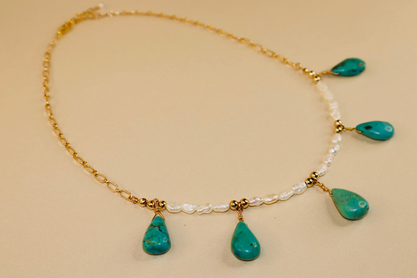 14k Gold-filled Turquoise Tear Drop and pearl necklace