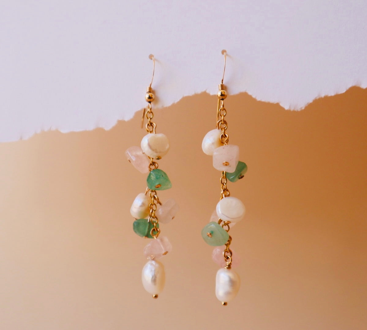 14k gold-filled Rose Quartz, Green Aventurine & Pearl Drop Earrings