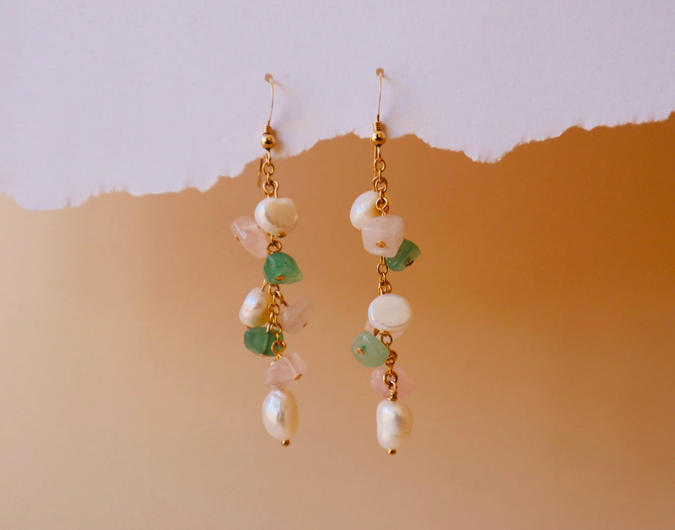 14k gold-filled Rose Quartz, Green Aventurine & Pearl Drop Earrings