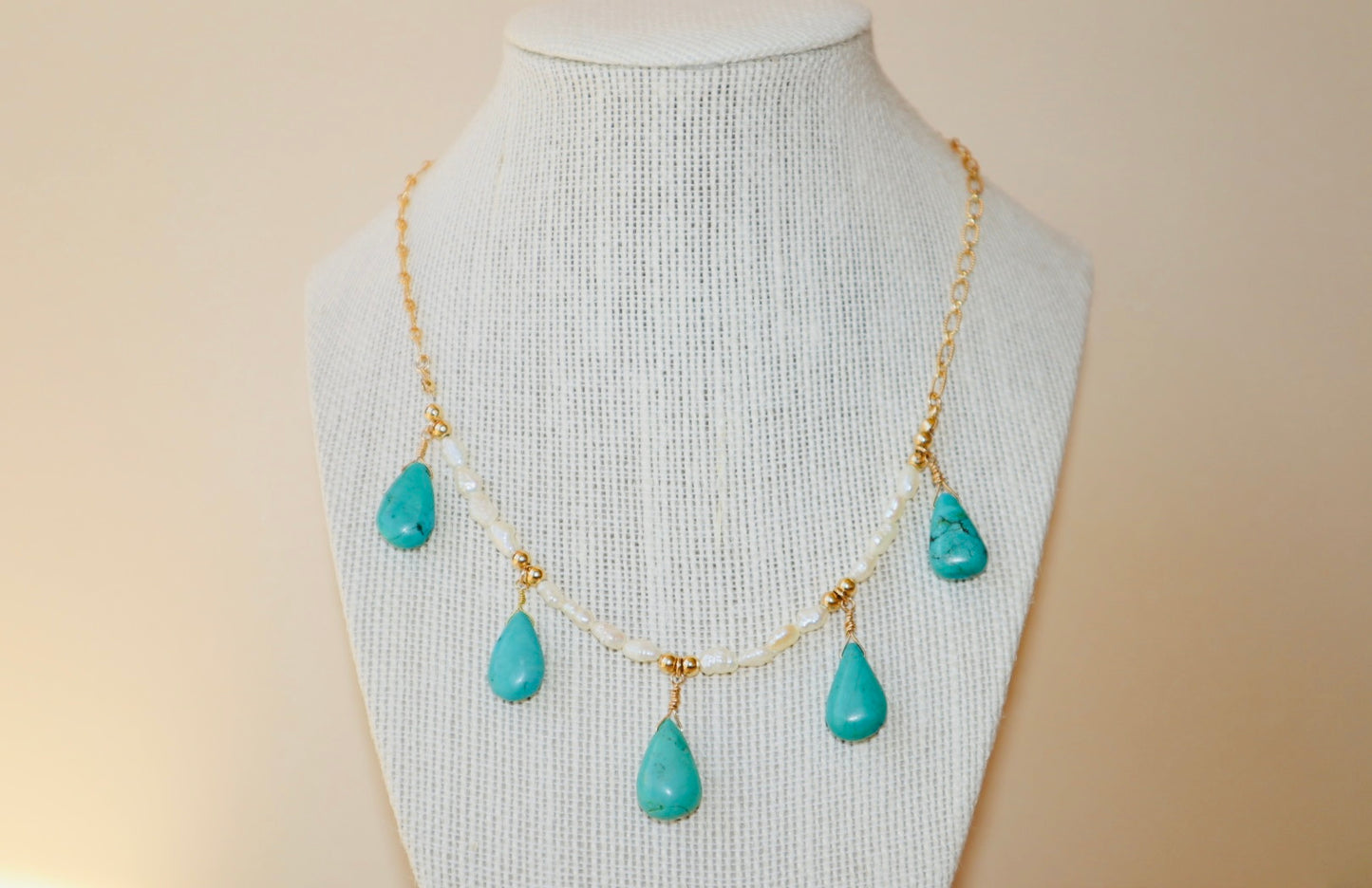 14k Gold-filled Turquoise Tear Drop and pearl necklace